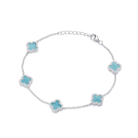 Turquoise Enamel Vintage Lucky Clover Bracelet in silver