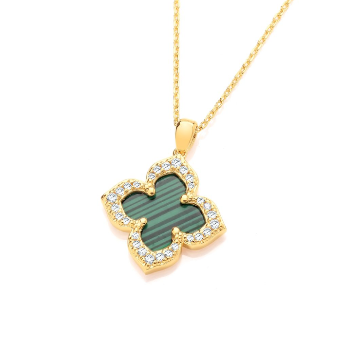 Green Malachite Vintage Lucky Clover Necklace in Gold