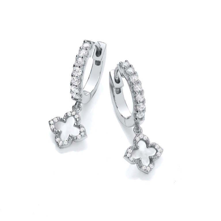 White Mother of Pearl Vintage Lucky Clover Huggie Earrings in Silver