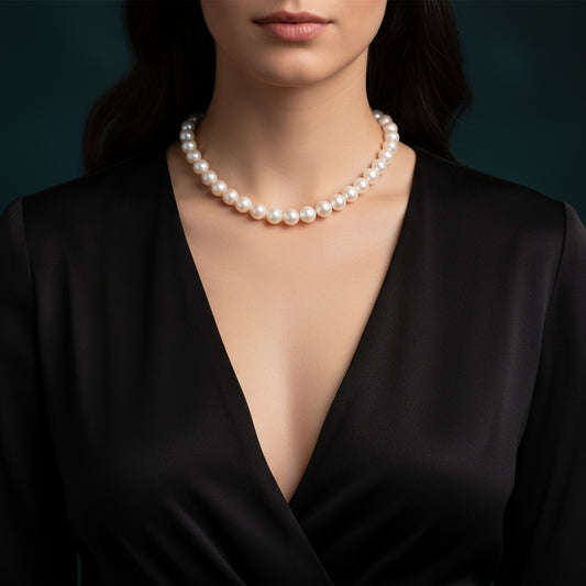 White freshwater 12mm-15mm pearl necklace with diamond and steel clasp