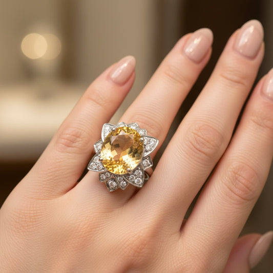 White gold imperial topaz ring set with a floral diamond surround