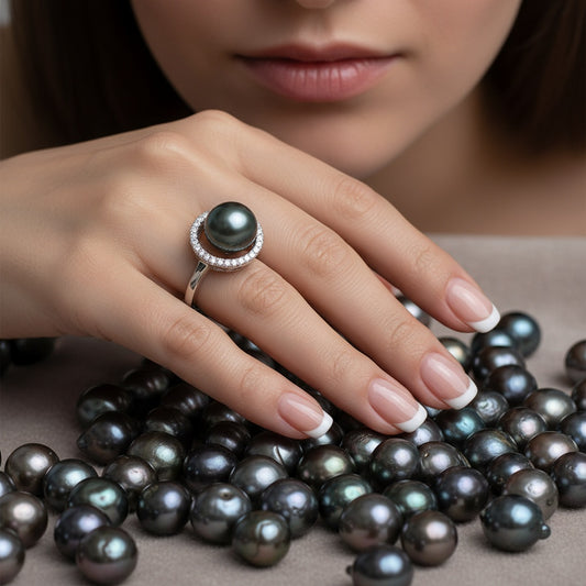 White gold tahitian pearl and diamond halo ring