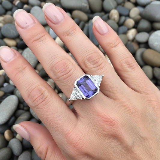 White gold tanzanite and diamond trilogy ring