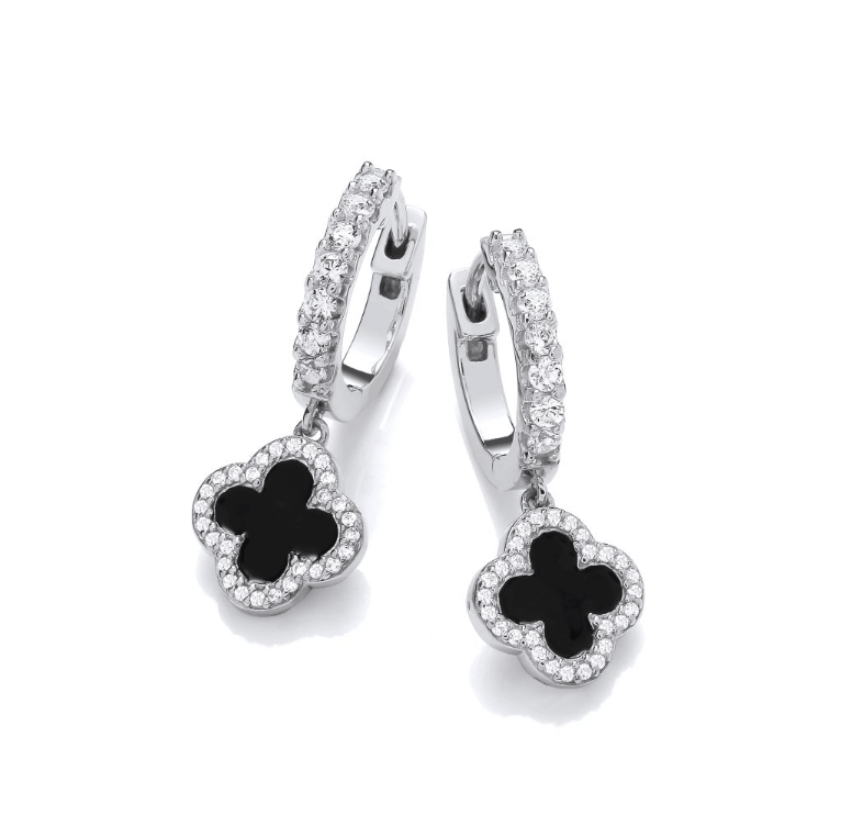 Black Enamel Vintage Lucky Clover Huggie Earrings in Silver Earrings Cavendish French