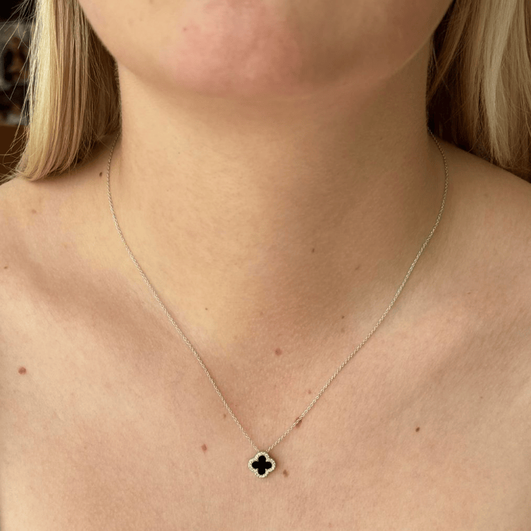 Black Enamel Vintage Lucky Clover Necklace in Silver Necklace Cavendish French