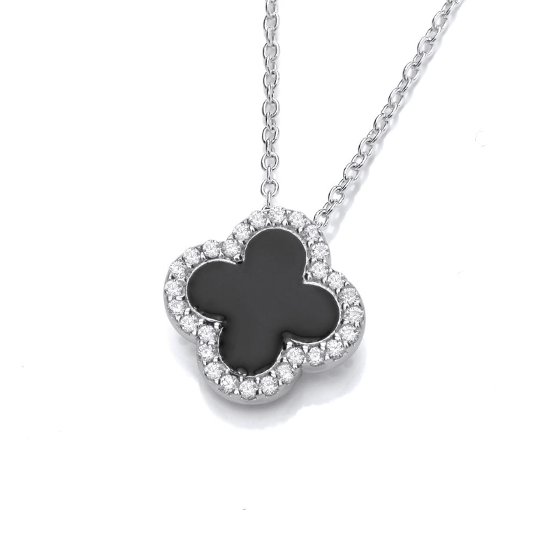 Black Enamel Vintage Lucky Clover Necklace in Silver Necklace Cavendish French