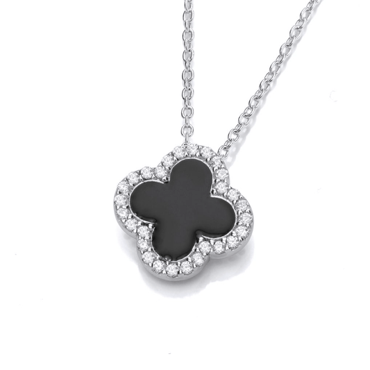 Black Enamel Vintage Lucky Clover Necklace in Silver Necklace Cavendish French