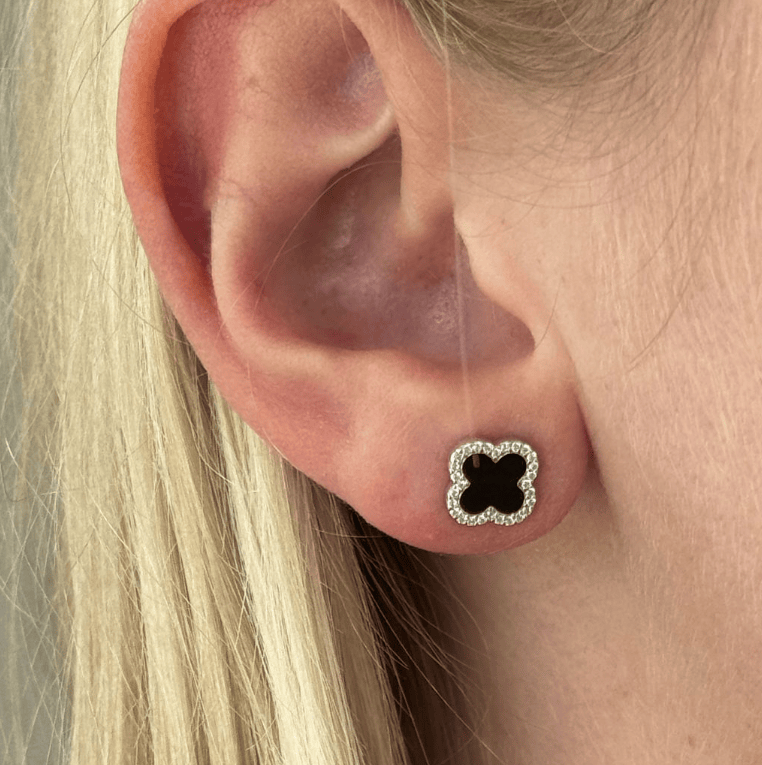 Black Enamel Vintage Lucky Clover Stud Earrings in silver Earrings Cavendish French