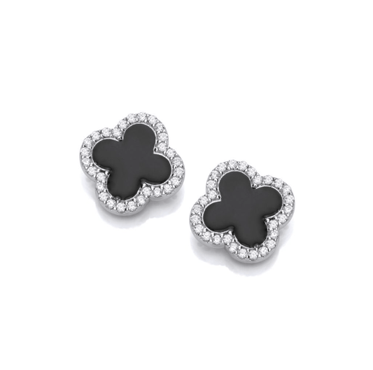 Black Enamel Vintage Lucky Clover Stud Earrings in silver Earrings Cavendish French