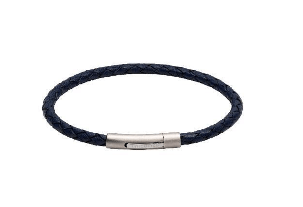 Blue Leather plaited slim bracelet with matt steel clasp Bracelet Unique