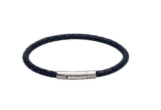 Blue Leather plaited slim bracelet with matt steel clasp Bracelet Unique