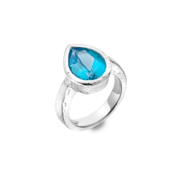 Chunky silver vibrant ocean-blue teardrop Topaz ring Ring Sea Gems Ltd