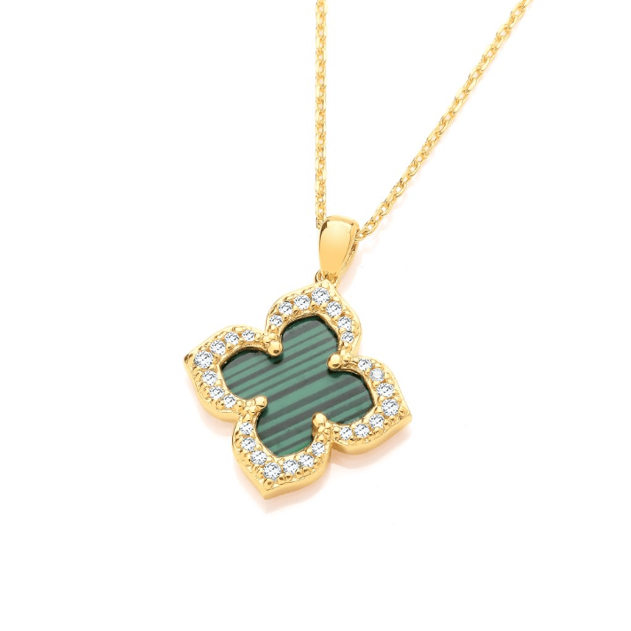Green Malachite Vintage Lucky Clover Necklace in Gold Necklace Cavendish French
