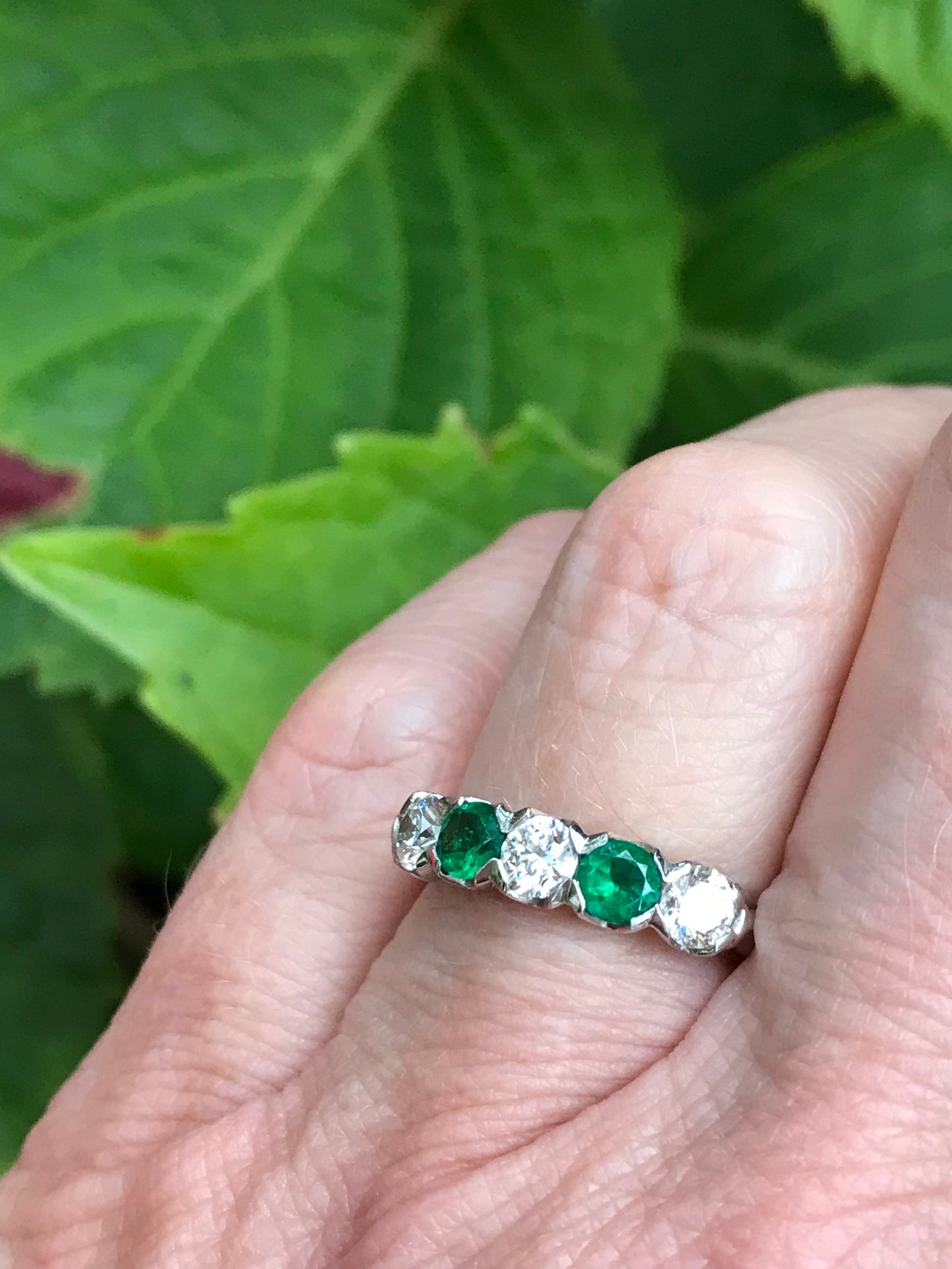 Platinum 5 stone 0.69ct diamond & emerald ring Ring Christopher Wharton   