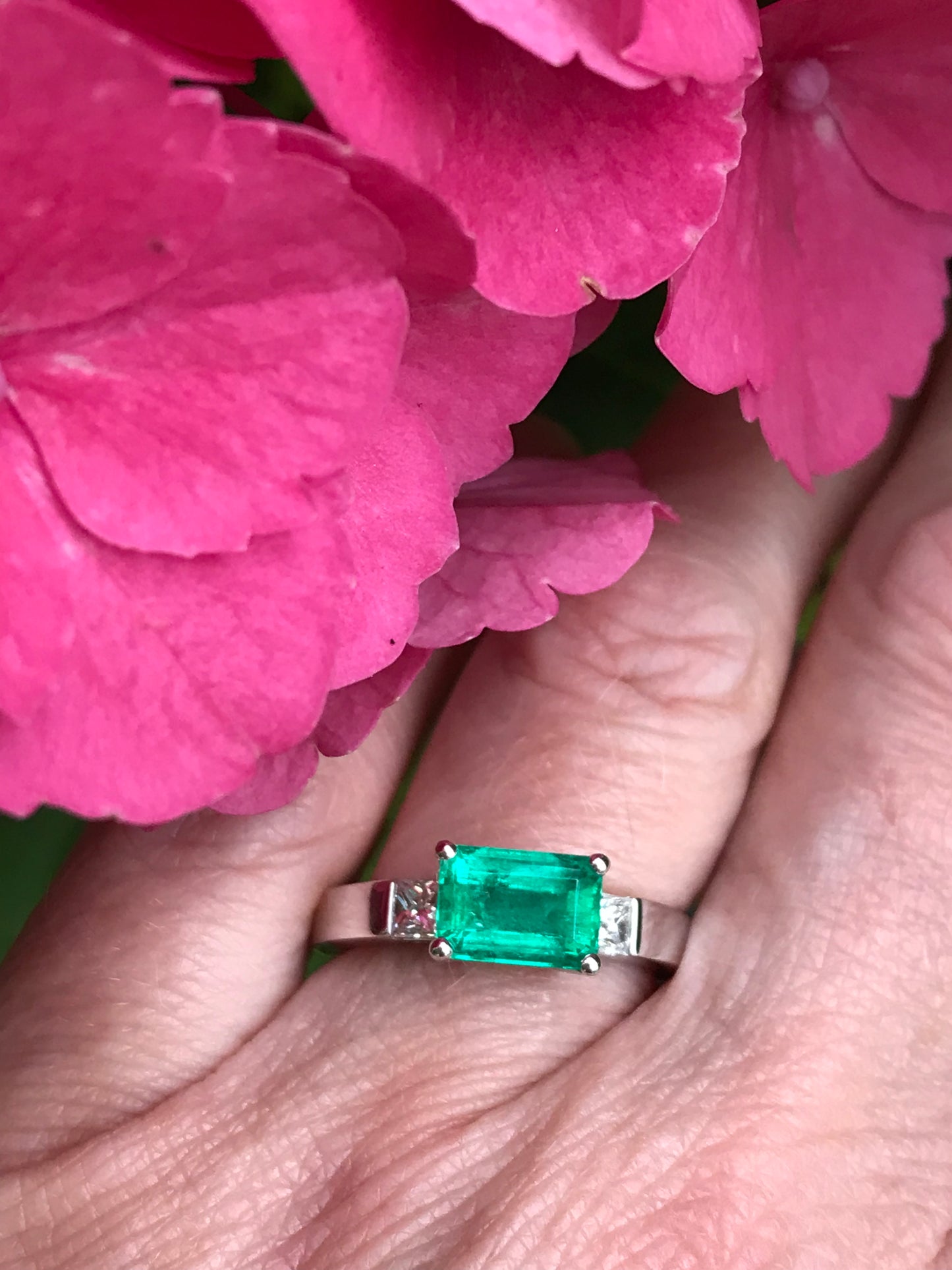 White gold emerald and diamond trilogy ring Ring Buchwald   