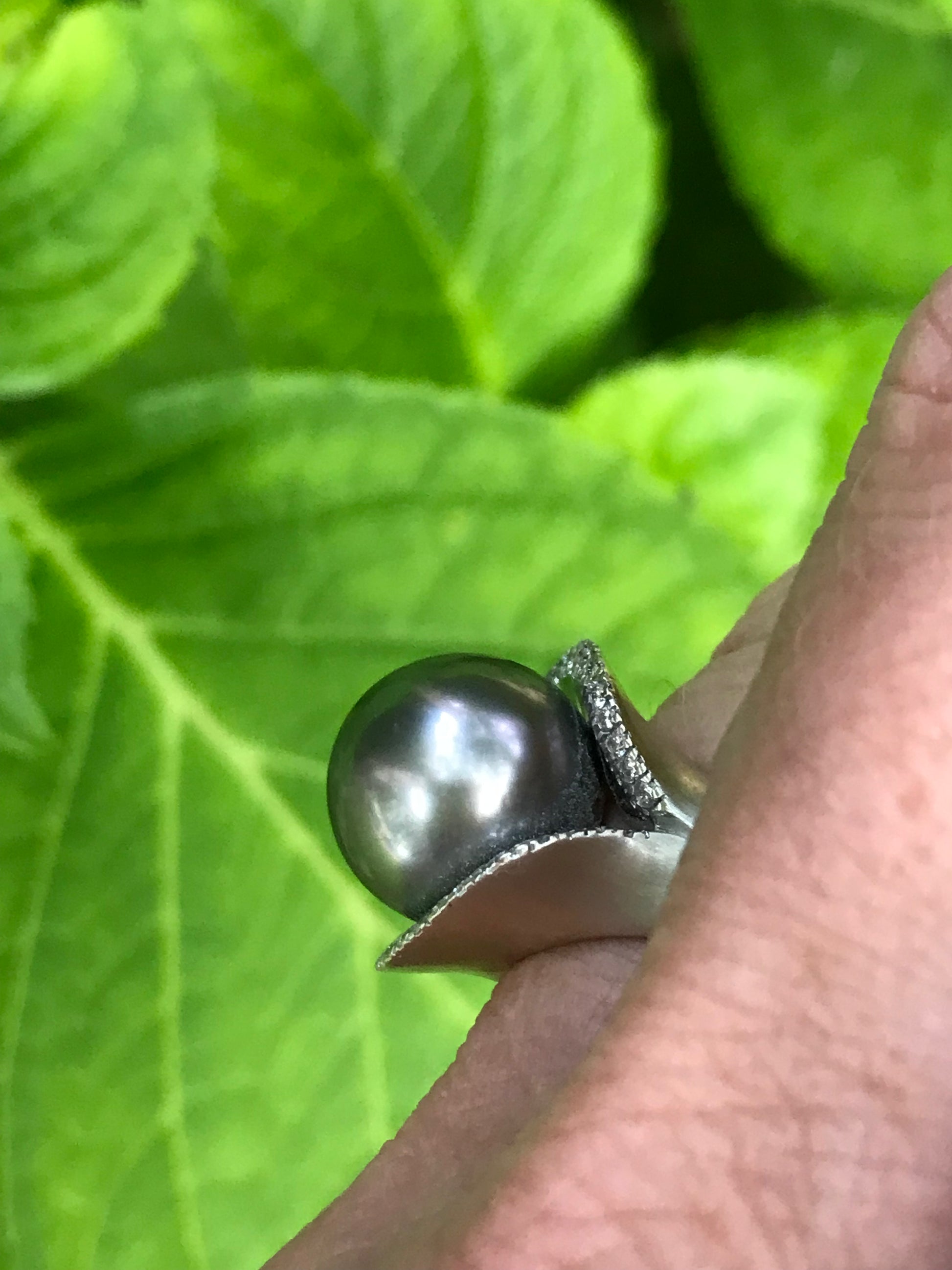 18ct white gold Tahitian pearl diamond elliptical ring Ring Gellner   