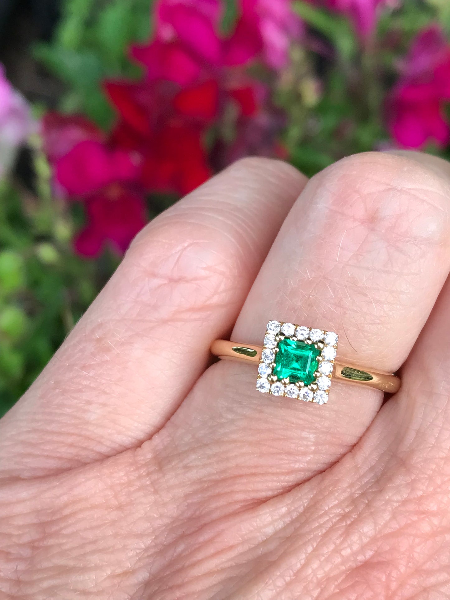 18ct Yellow Gold  Emerald and Diamond  halo ring Ring Rock Lobster   