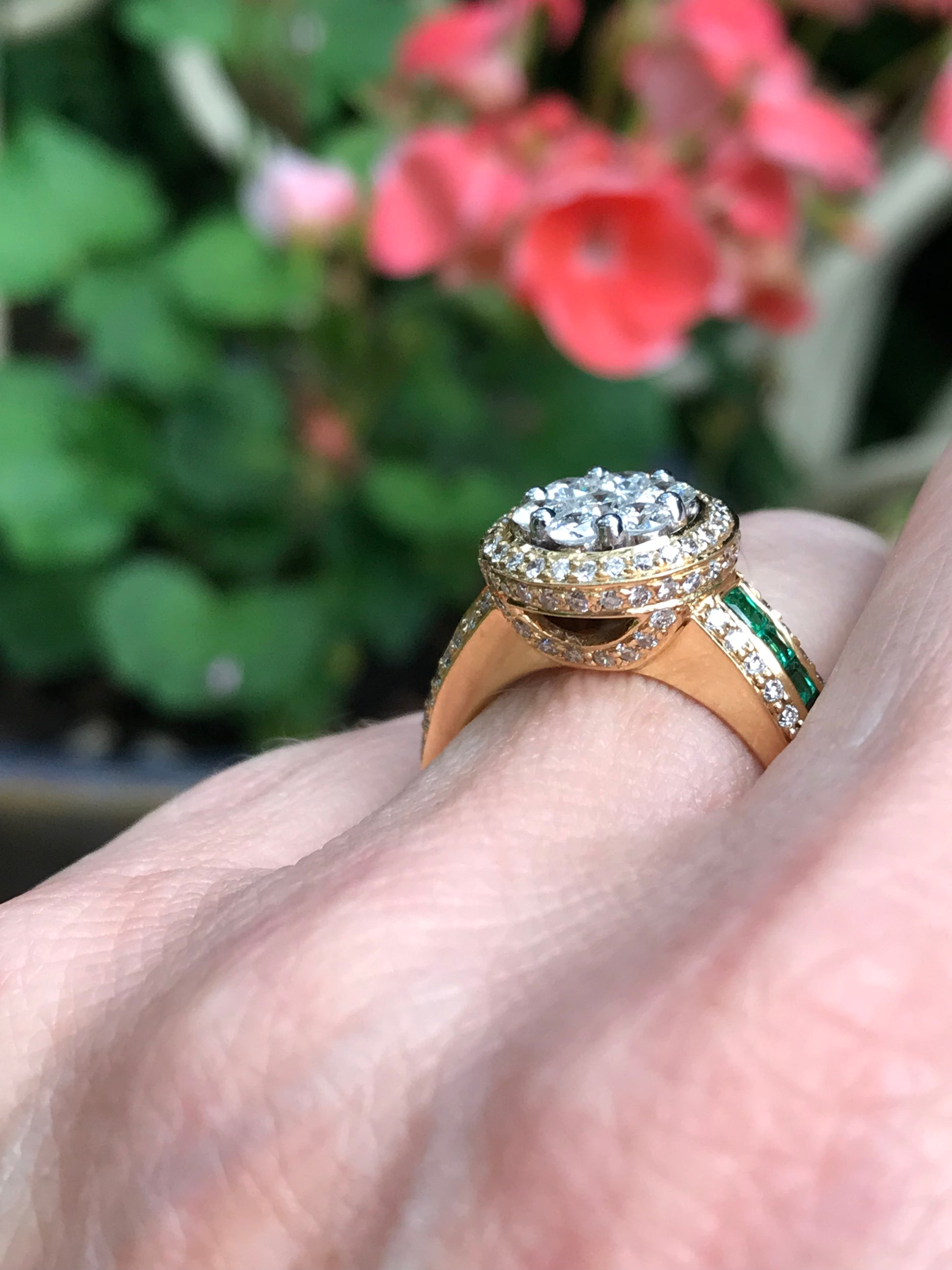 18ct yellow Gold Diamond & Emerald halo ring Ring Buchwald   