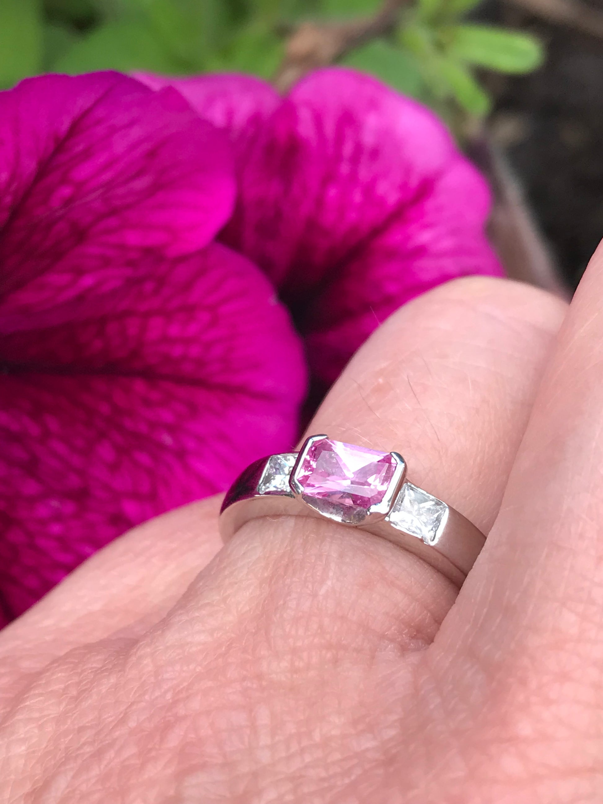 Platinum pink sapphire and diamond trilogy ring Rock Lobster Jewellery