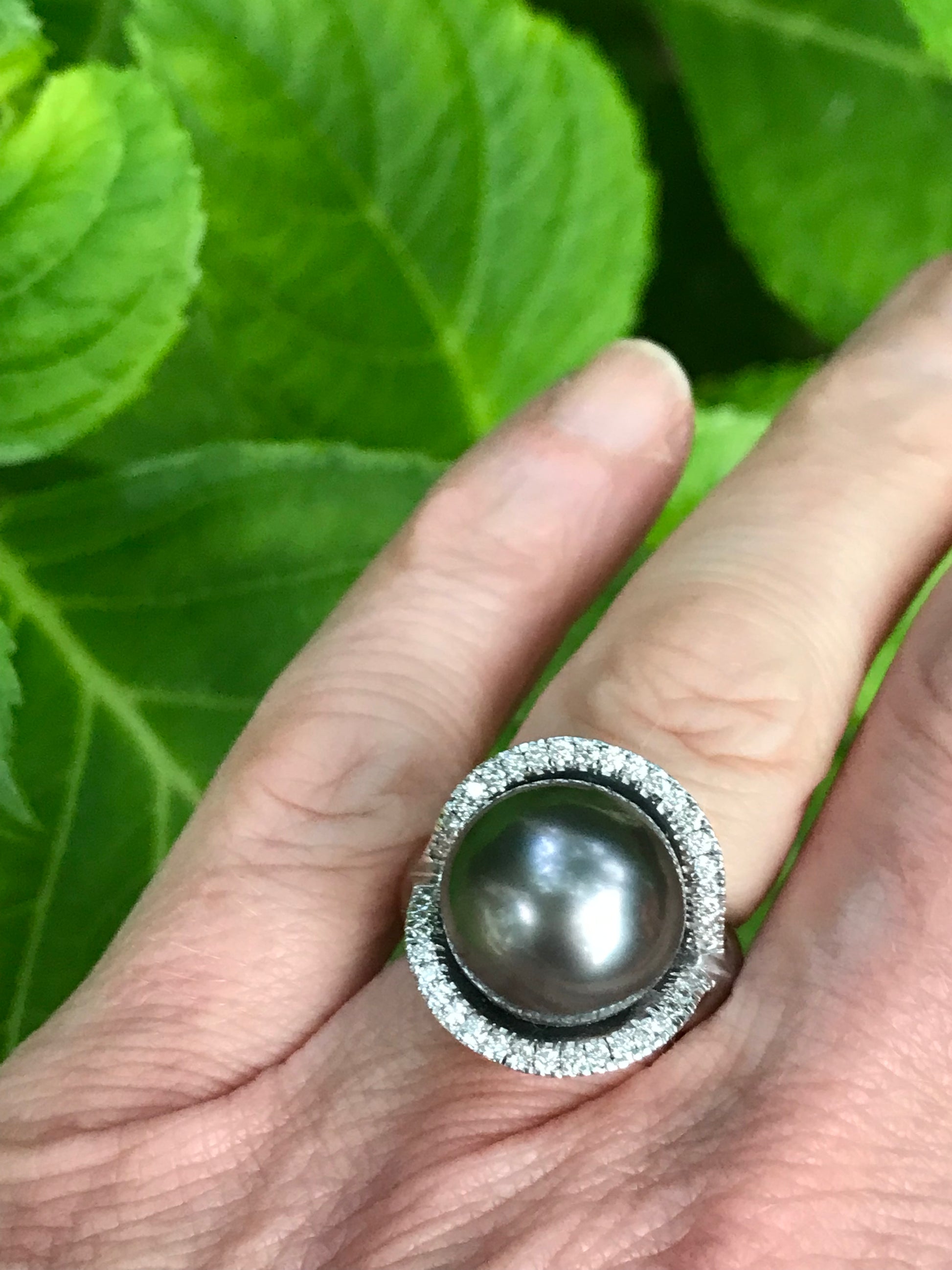 18ct white gold Tahitian pearl diamond elliptical ring Ring Gellner   