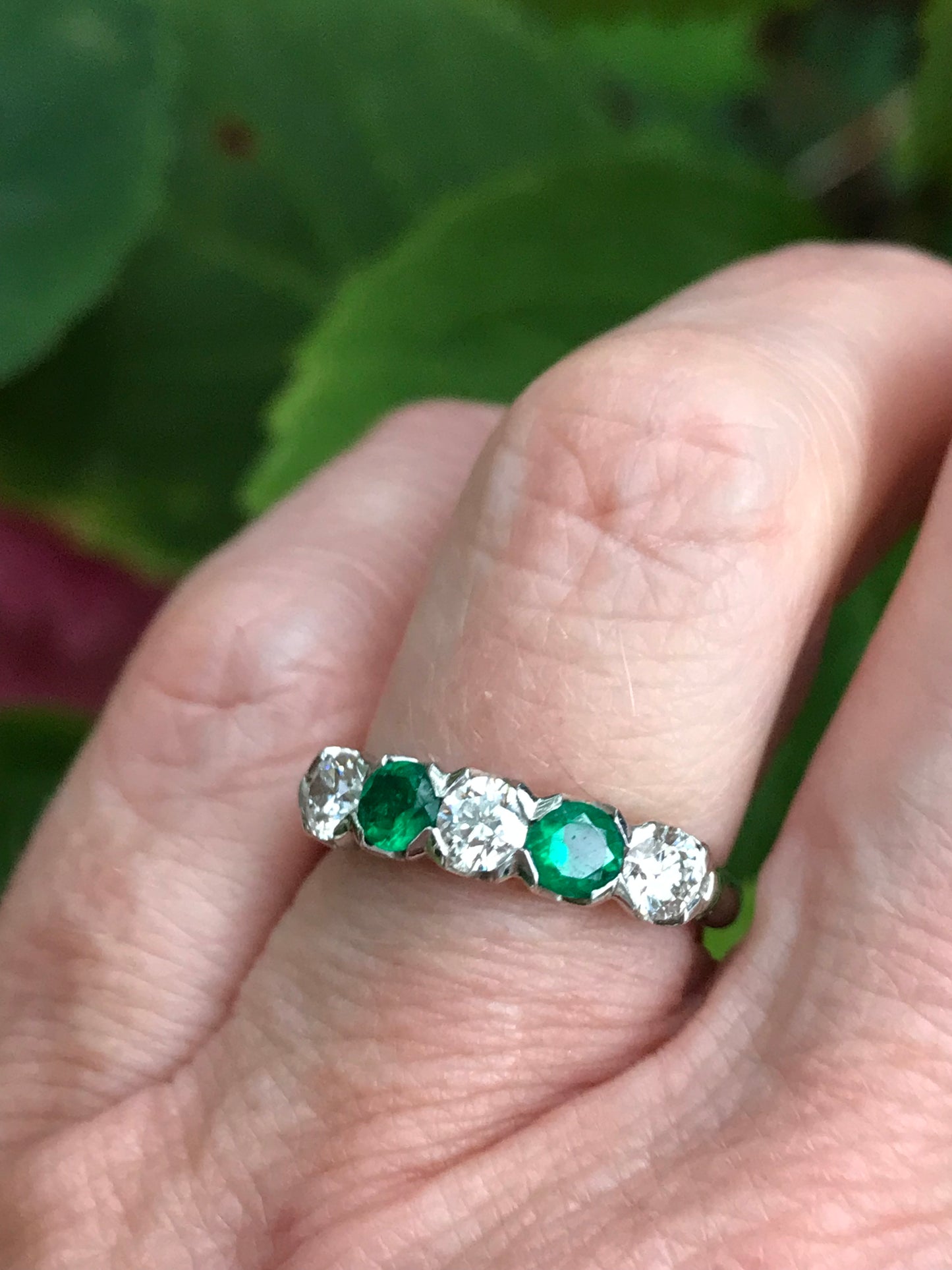 Platinum 5 stone 0.69ct diamond & emerald ring Ring Christopher Wharton   