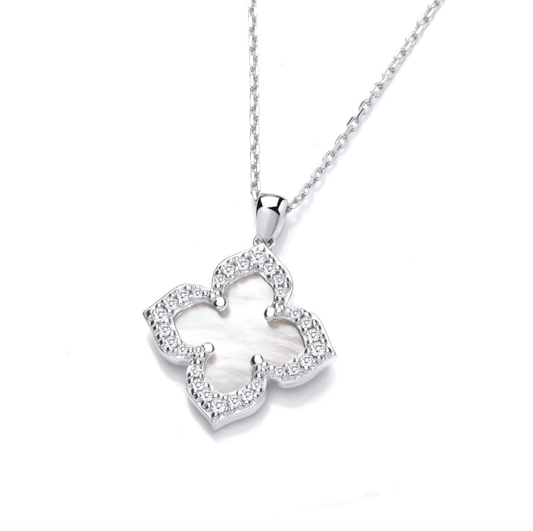 Mother of Pearl Vintage Lucky Clover Necklace in Silver Necklace Cavendish French