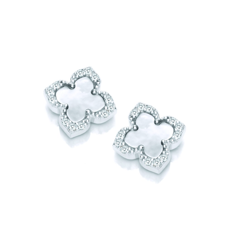 Mother of Pearl Vintage Lucky Clover Stud Earrings in Silver Earrings Cavendish French