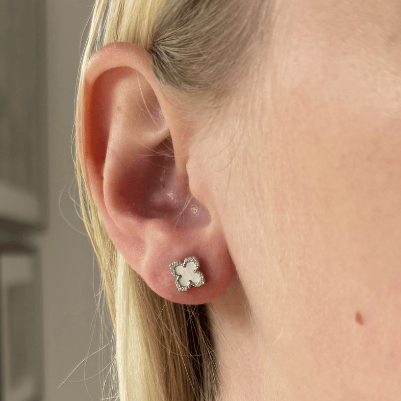 Mother of Pearl Vintage Lucky Clover Stud Earrings in Silver Earrings Cavendish French