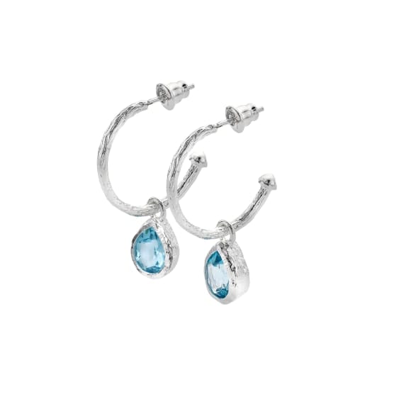 Organic silver vibrant ocean-blue Topaz teardrop hoop earrings Earrings Sea Gems Ltd