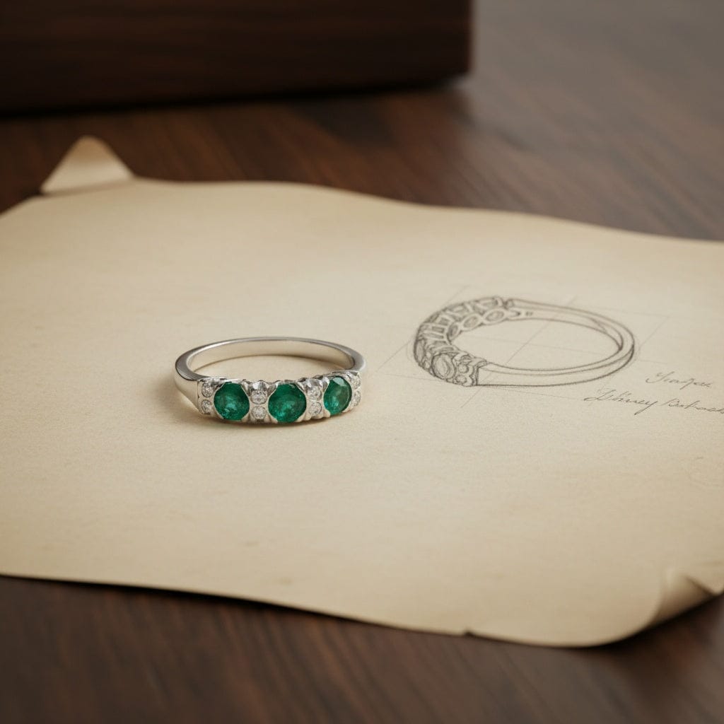 Platinum 3 stone emerald ring enveloped with diamonds. Ring Christopher Wharton