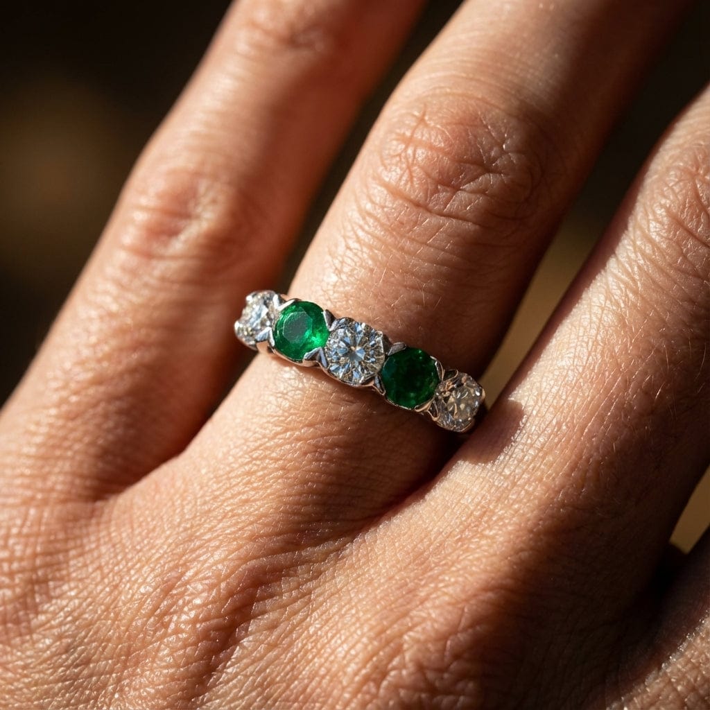Platinum 5 stone 0.69ct diamond & emerald ring Ring Christopher Wharton