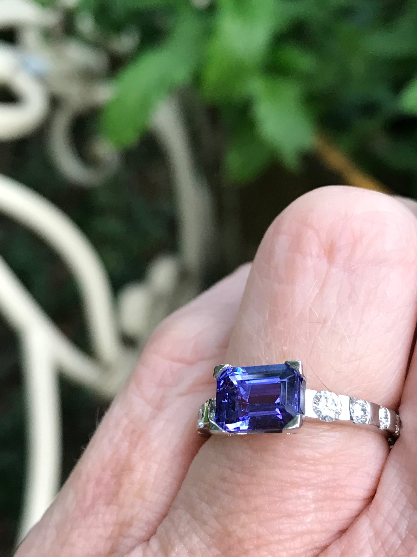 Platinum and tanzanite ring with diamond shoulders Ring Christopher Wharton