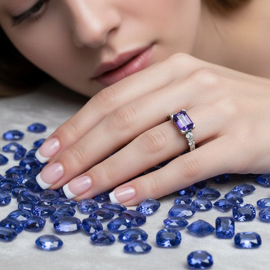 Platinum and tanzanite ring with diamond shoulders Ring Christopher Wharton