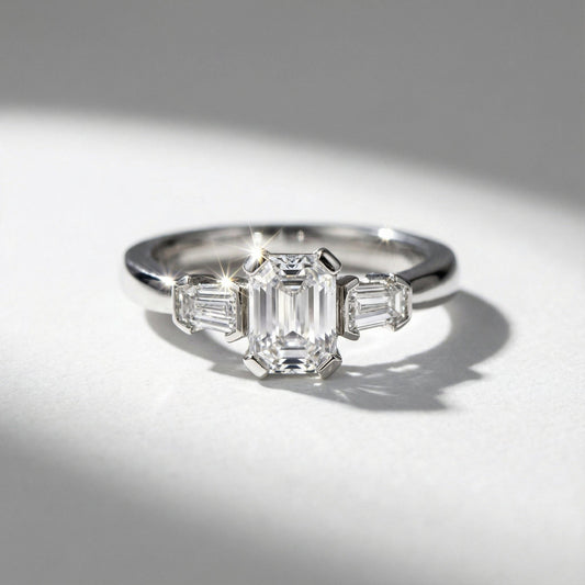 Platinum emerald cut 1.06ct natural diamond trilogy ring Ring Rock Lobster