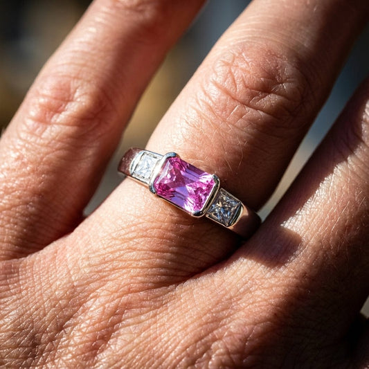 Ring Platinum pink sapphire and diamond trilogy ring