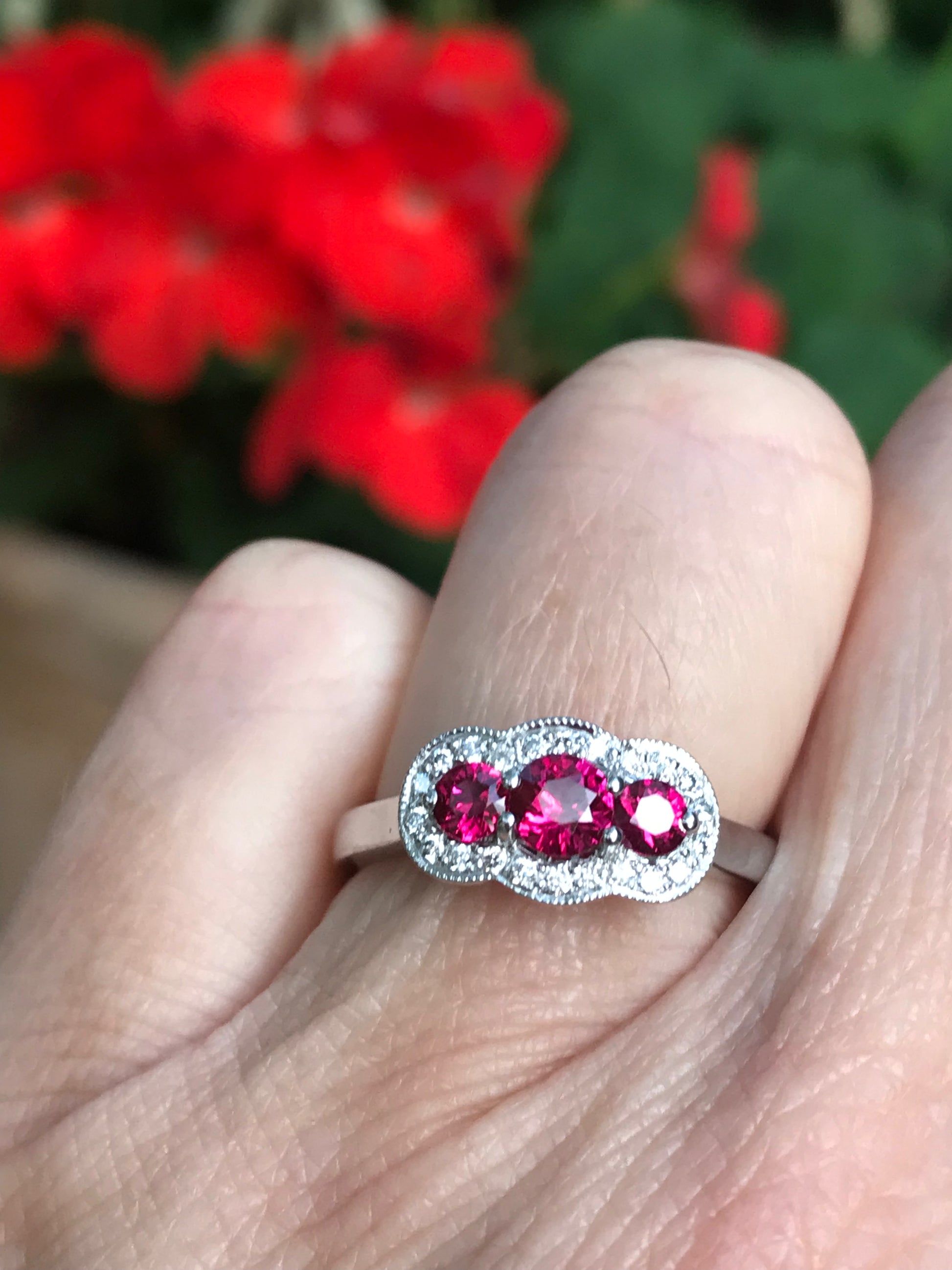 Platinum Ruby and diamond three stone halo ring Ring Rock Lobster