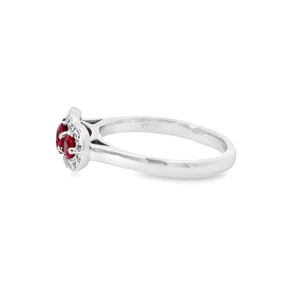 Platinum Ruby and diamond three stone halo ring Ring Rock Lobster