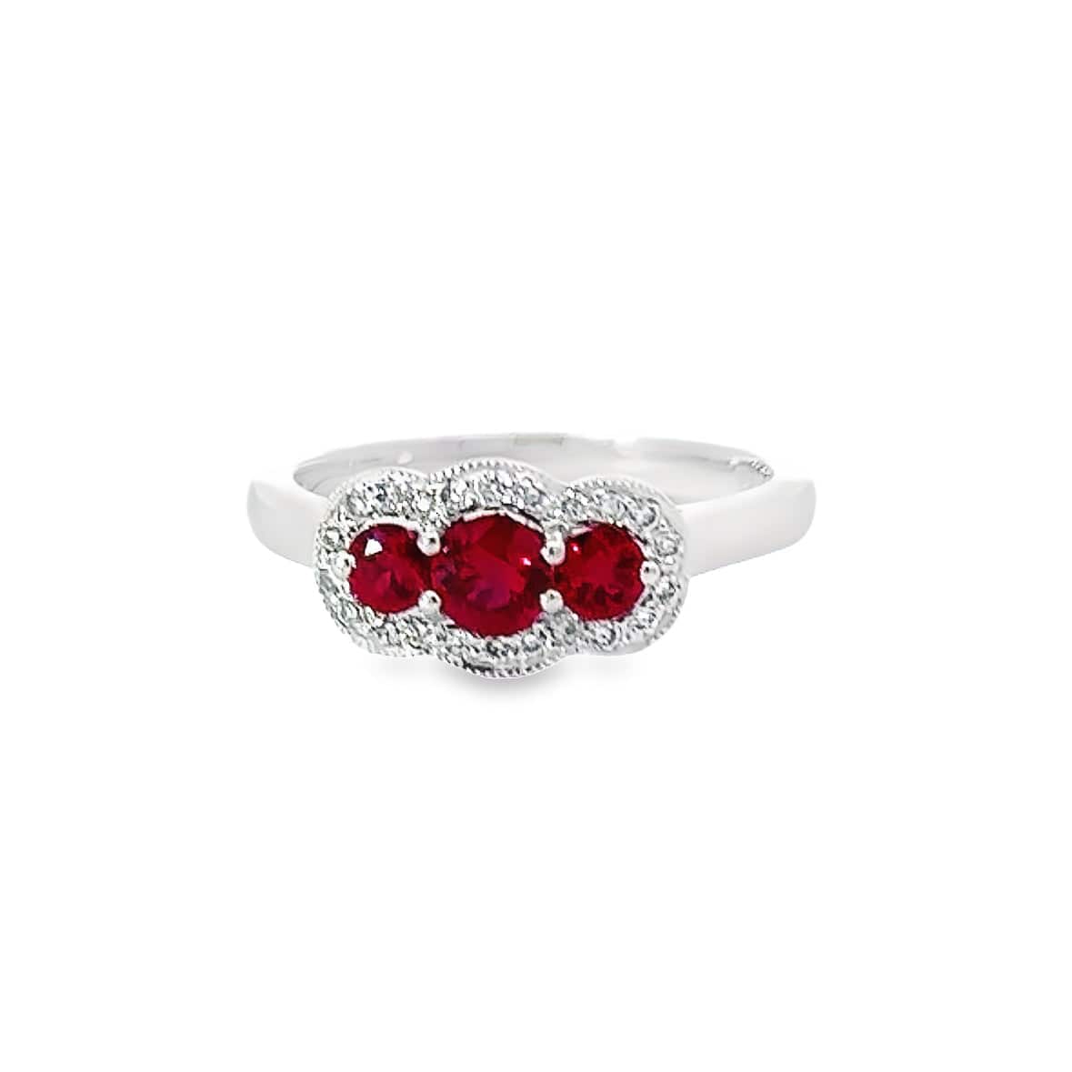 Platinum Ruby and diamond three stone halo ring Ring Rock Lobster