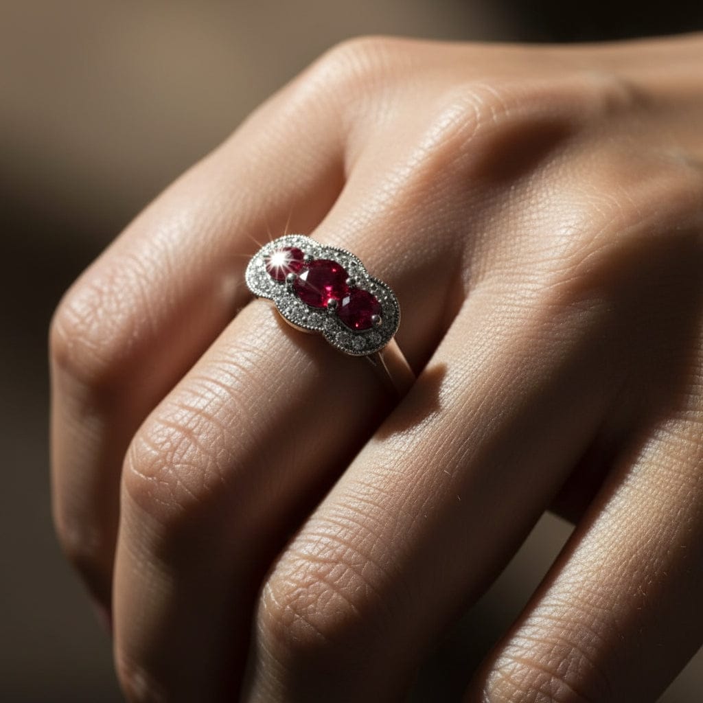 Platinum Ruby and diamond three stone halo ring Ring Rock Lobster