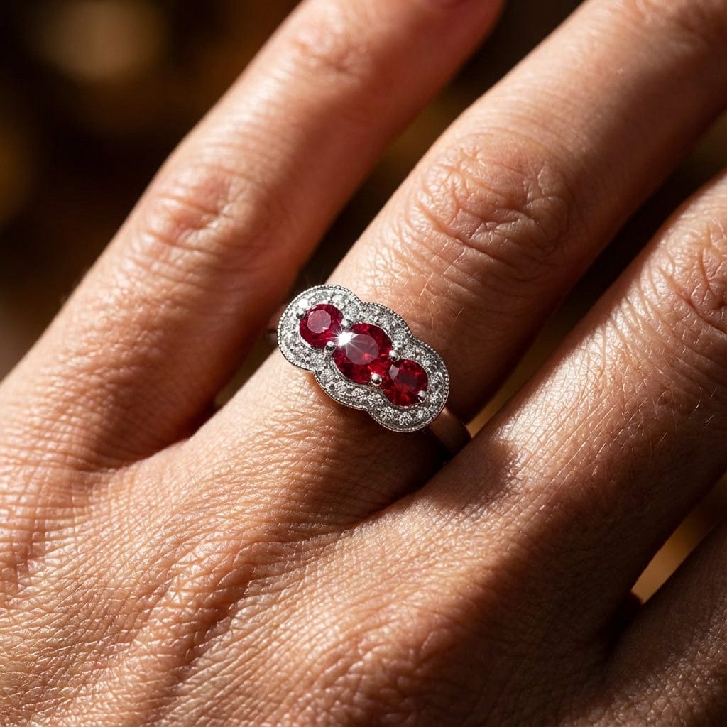 Platinum Ruby and diamond three stone halo ring Ring Rock Lobster