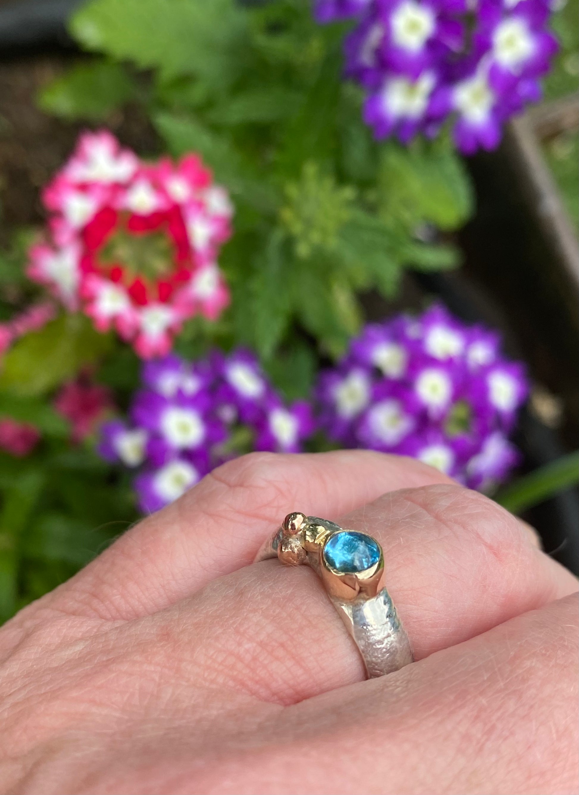 Silver & 18ct gold blue topaz pebbles ring size L Ring Sally Ratcliffe