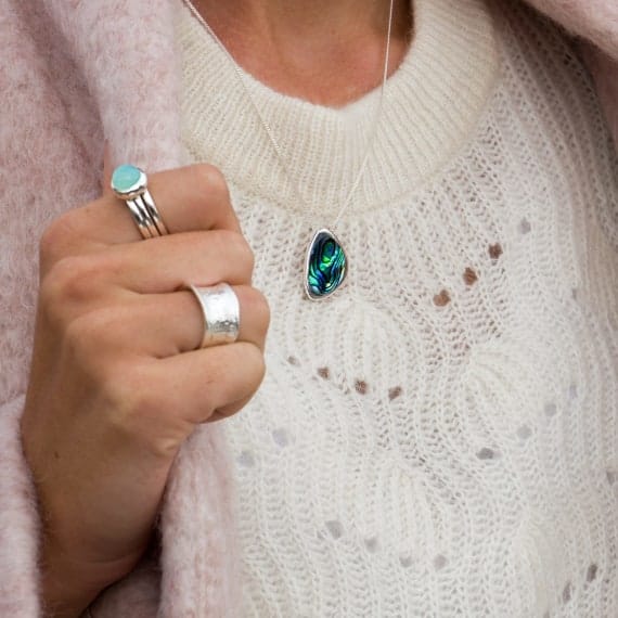 Silver organic pebble pendant with genuine Paua Shell Necklaces Sea Gems Ltd