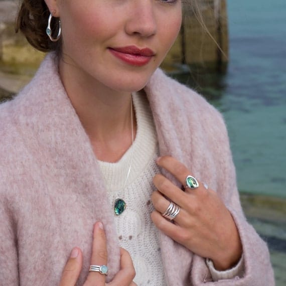 Silver organic pebble pendant with genuine Paua Shell Necklaces Sea Gems Ltd