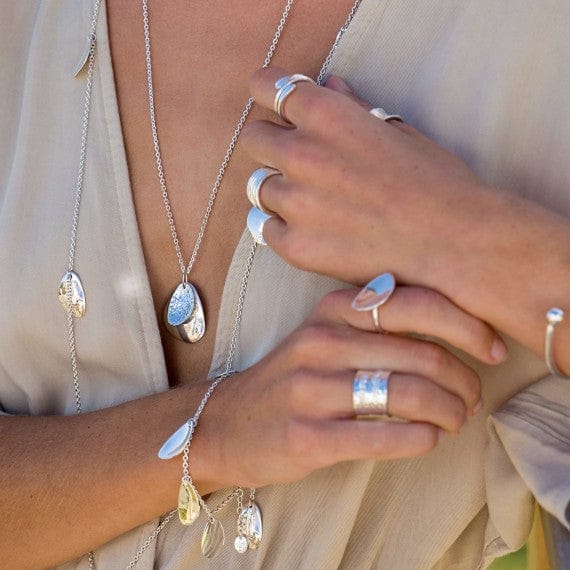 Silver organic textured natural double pebble pendant Necklaces Sea Gems Ltd