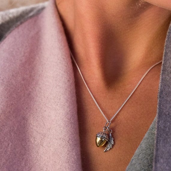 Silver textured leaf and acorn pendant Necklaces Sea Gems Ltd