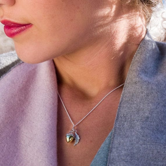Silver textured leaf and acorn pendant Necklaces Sea Gems Ltd