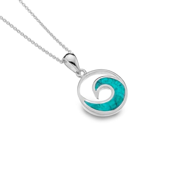 Silver wave pendant withy vibrant Turquoise inlay Necklaces Sea Gems Ltd