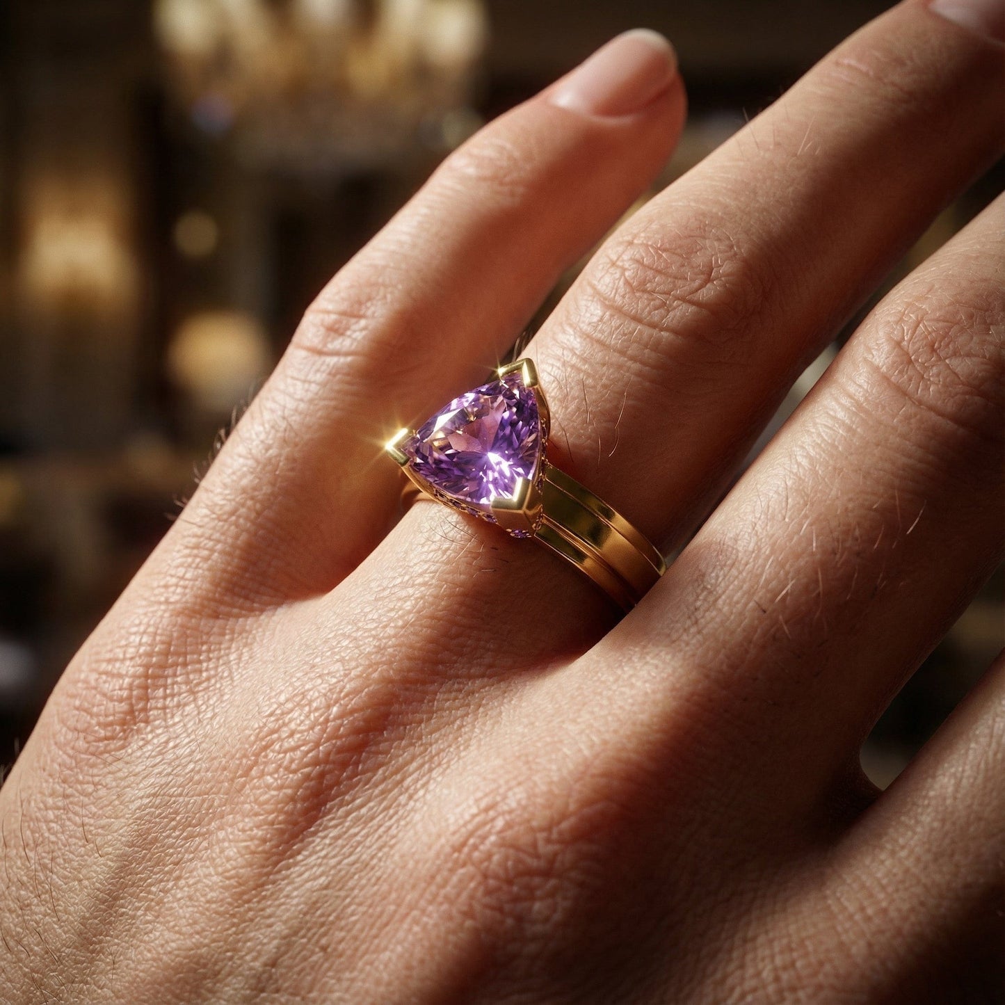 The Candy Wrap ring is made in 18ct yellow gold with a trillion amethyst Ring Rock Lobster