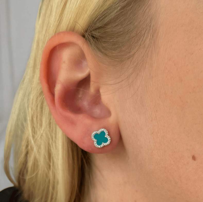 Turquoise Enamel Vintage Lucky Clover Stud Earrings in silver Earrings Cavendish French