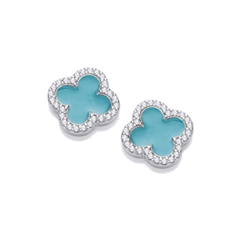 Turquoise Enamel Vintage Lucky Clover Stud Earrings in silver Earrings Cavendish French